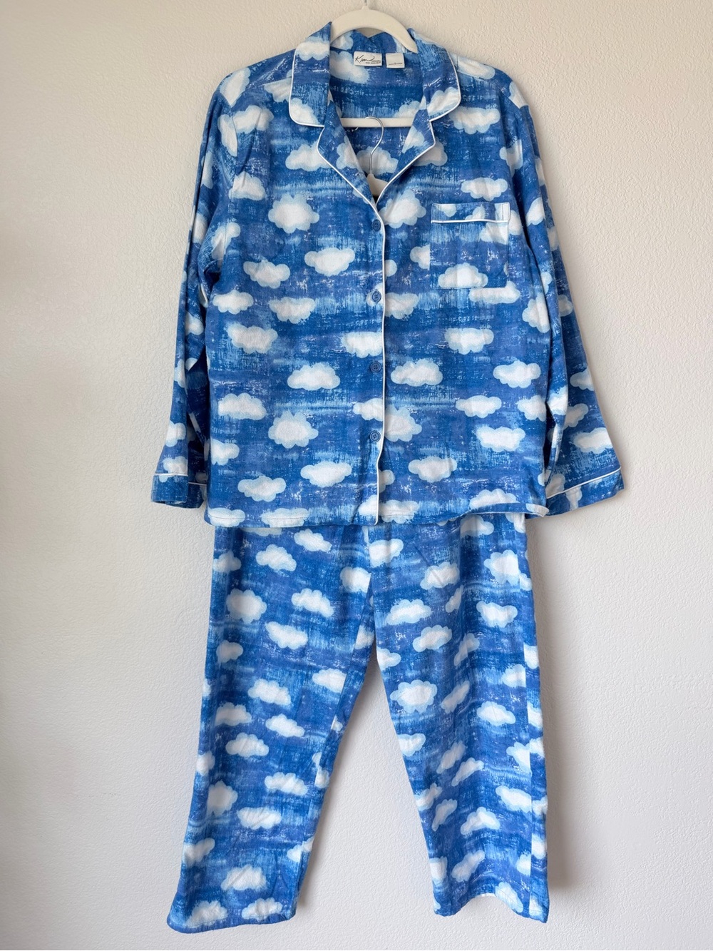 Kim Rogers Women’s Pajama Set Large Blue Cloud Print 100% Cotton Sleepwear
